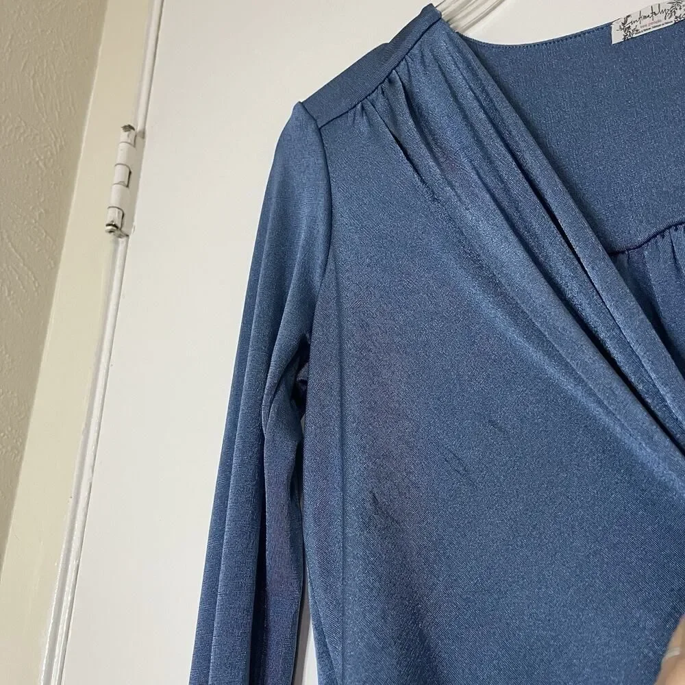 Free People intimately turnt sheen blue long sleeve plunge bodysuit Medium